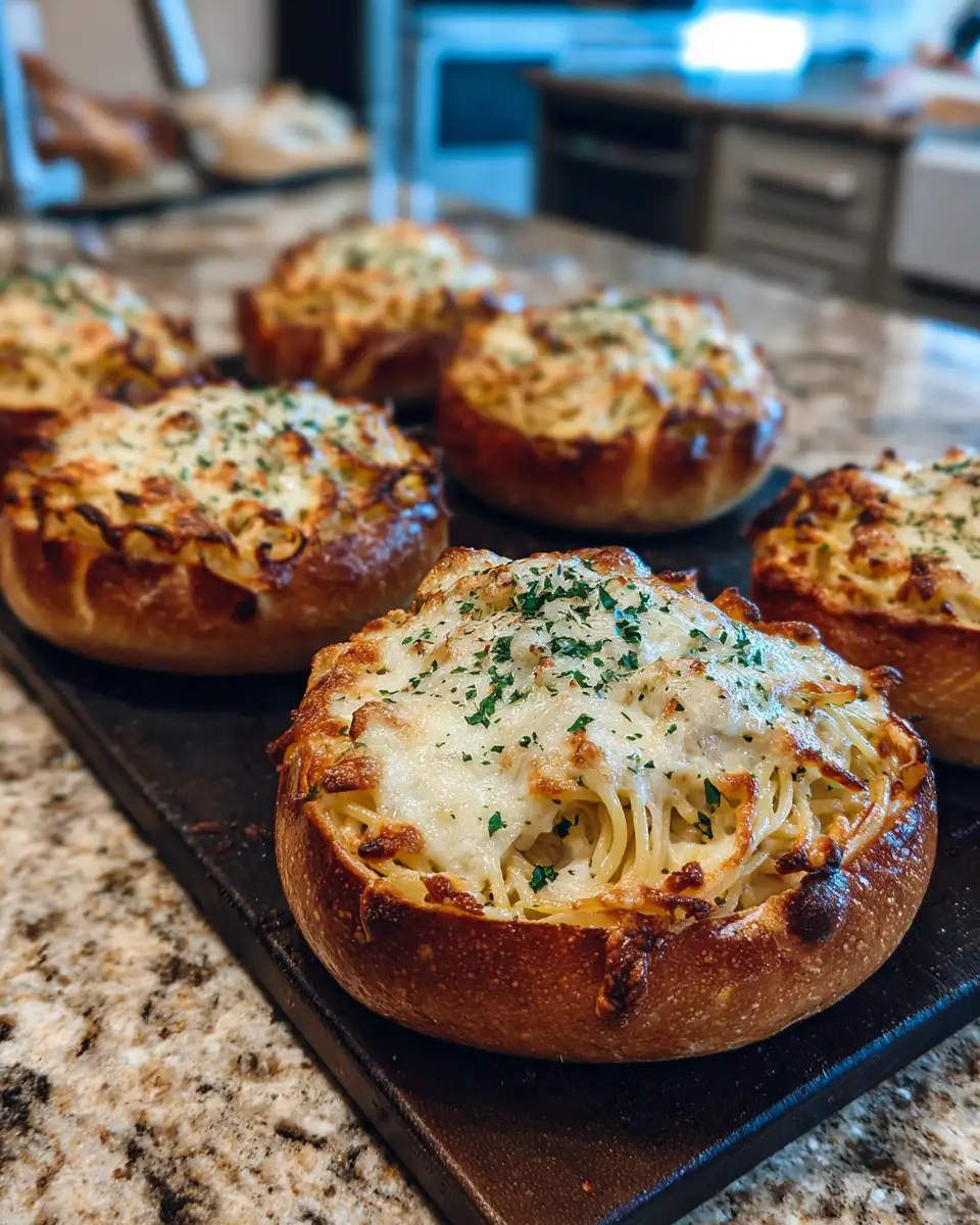 Final dish - Ultimate Comfort Feast Spaghetti Garlic Bread Bowls Recipe