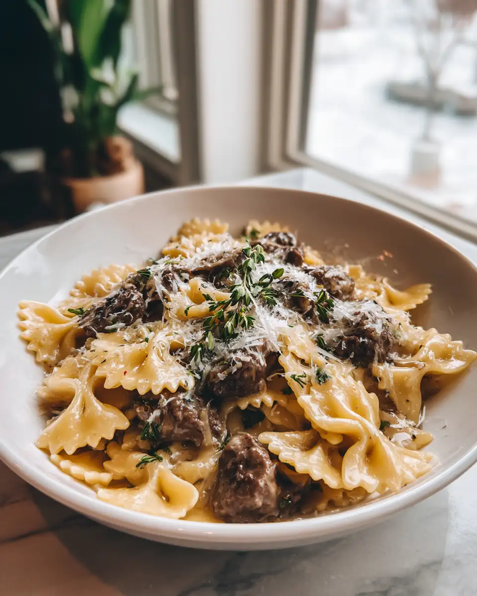 Indulge in Creamy Parmesan Garlic Beef Bowtie Pasta for the Ultimate Comfort Meal - Featured Image