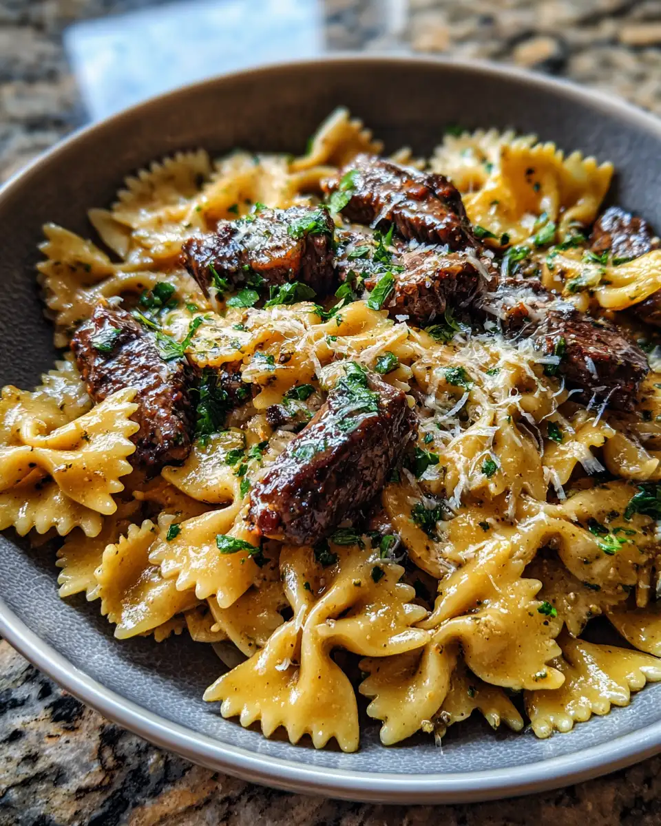 Final dish - Indulge in Creamy Parmesan Garlic Beef Bowtie Pasta for the Ultimate Comfort Meal