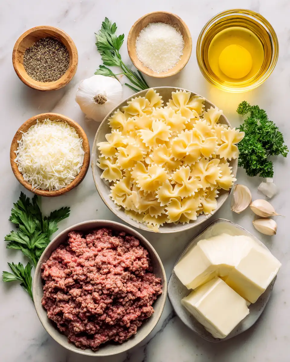 Ingredients for Indulge in Creamy Parmesan Garlic Beef Bowtie Pasta for the Ultimate Comfort Meal