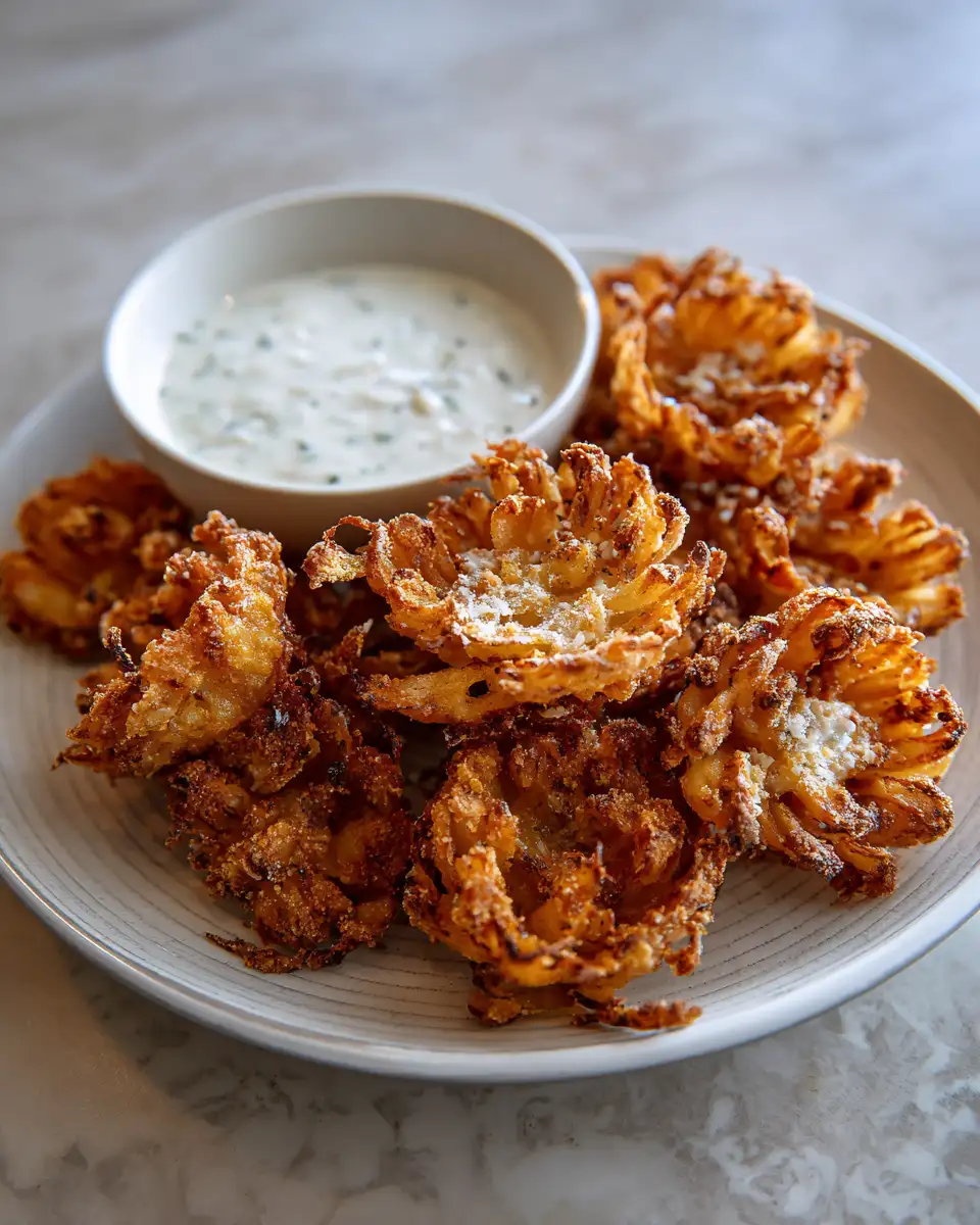 Final dish - Crispy Mini Bloomin Onions with Buttermilk Ranch Perfectly Irresistible Snack