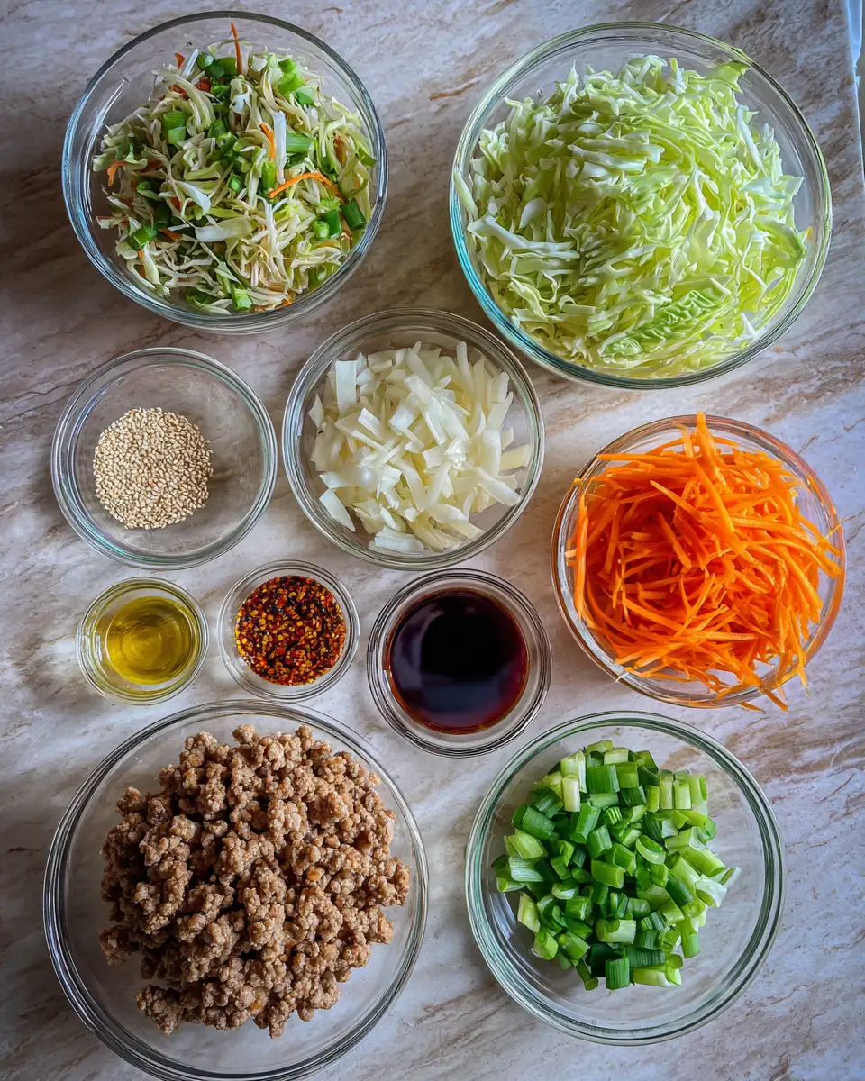 Ingredients for Delicious Egg Roll in a Bowl Recipe Printable for Easy Weeknight Meals