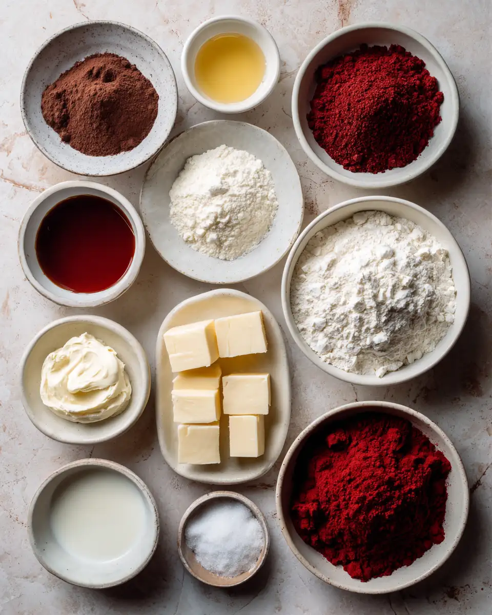 Ingredients for Irresistible Red Velvet Thumbprint Cookies with Cream Cheese Filling