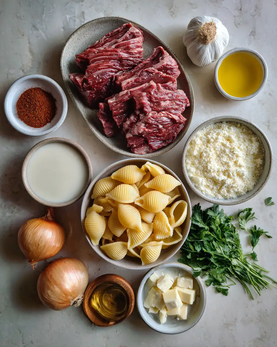 Ingredients for Smoky Creamy Paprika Steak Shells The Ultimate Comfort Dish