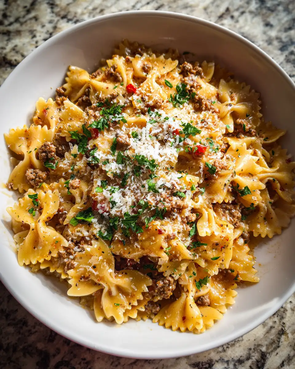 Final dish - Cheesy Bowtie Pasta with Savory Cajun Ground Beef Recipe to Satisfy Your Cravings