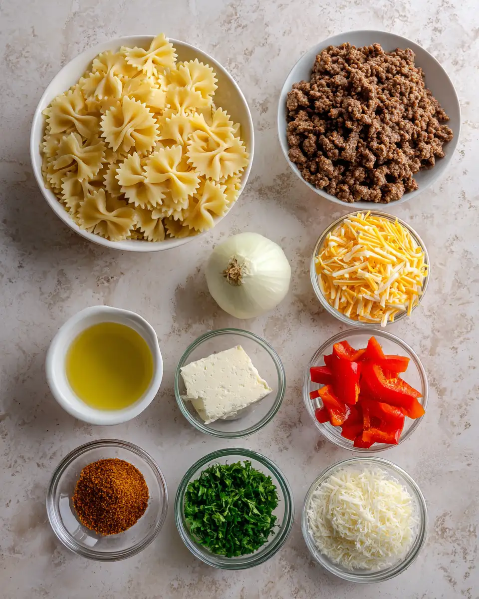 Ingredients for Cheesy Bowtie Pasta with Savory Cajun Ground Beef Recipe to Satisfy Your Cravings