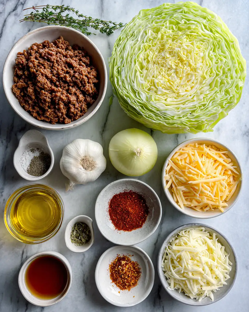 Ingredients for Irresistible Cheesy Cabbage and Ground Beef Recipe for Cozy Comfort Meals