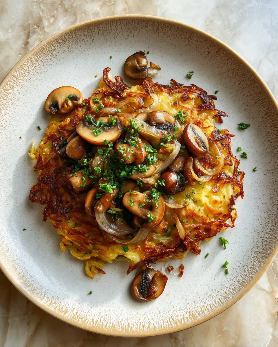 Crispy Rösti with Sweet Caramelized Onions and Savory Sautéed Mushrooms 6 Final dish - Crispy Rösti with Sweet Caramelized Onions and Savory Sautéed Mushrooms
