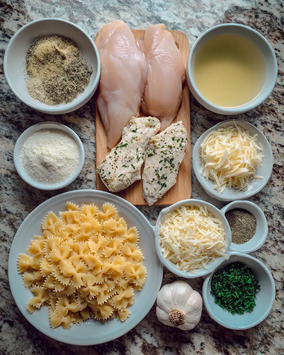 Ingredients for Baked Caesar Chicken with Four-Cheese Bowtie Pasta Recipe for a Flavor-Packed Dinner