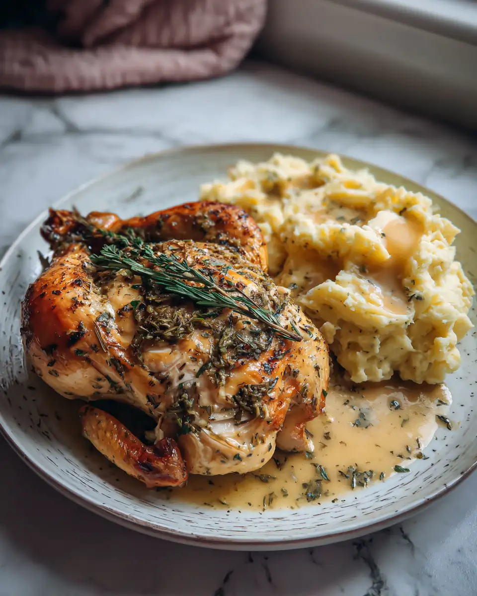 Cilantro Lime Roasted Chicken with Creamy Mashed Potatoes and Pan Gravy Recipe 6 Final dish - Cilantro Lime Roasted Chicken with Creamy Mashed Potatoes and Pan Gravy Recipe