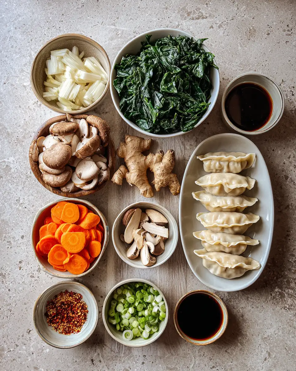 Ingredients for Cozy 25-Minute Potsticker Soup with Veggies for a Quick Comfort Meal