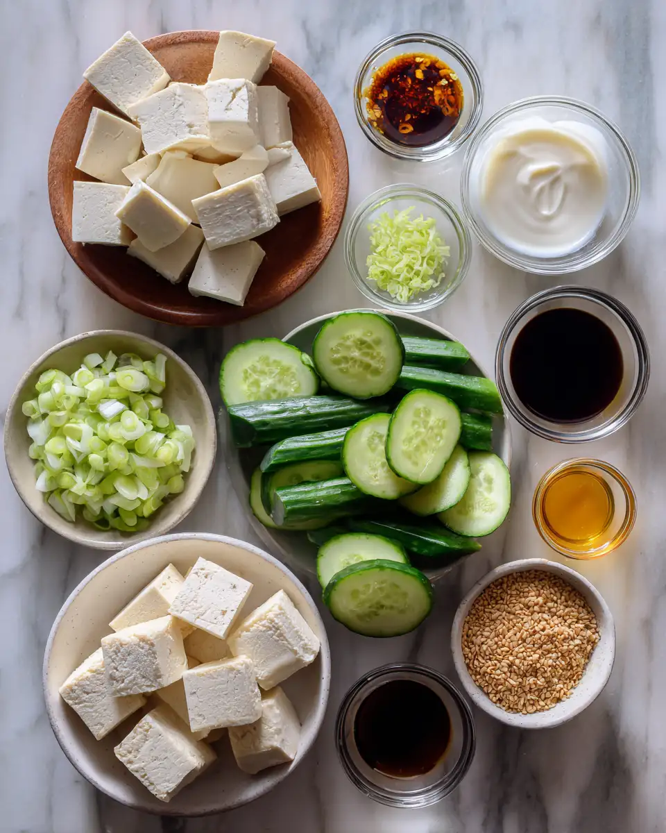 Ingredients for Easy Creamy Asian Cucumber Salad with Crispy Tofu That Will Delight Your Taste Buds