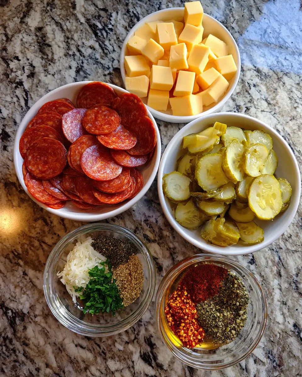 Ingredients for Easy Marinated Cheese Appetizer with Pepperoni and Pickles for Perfect Party Snacks