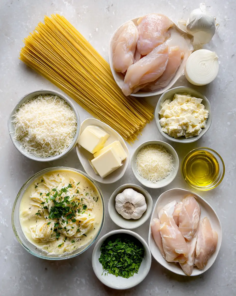 Ingredients for Garlic Butter Chicken Spaghetti in Creamy Parmesan Alfredo Bliss
