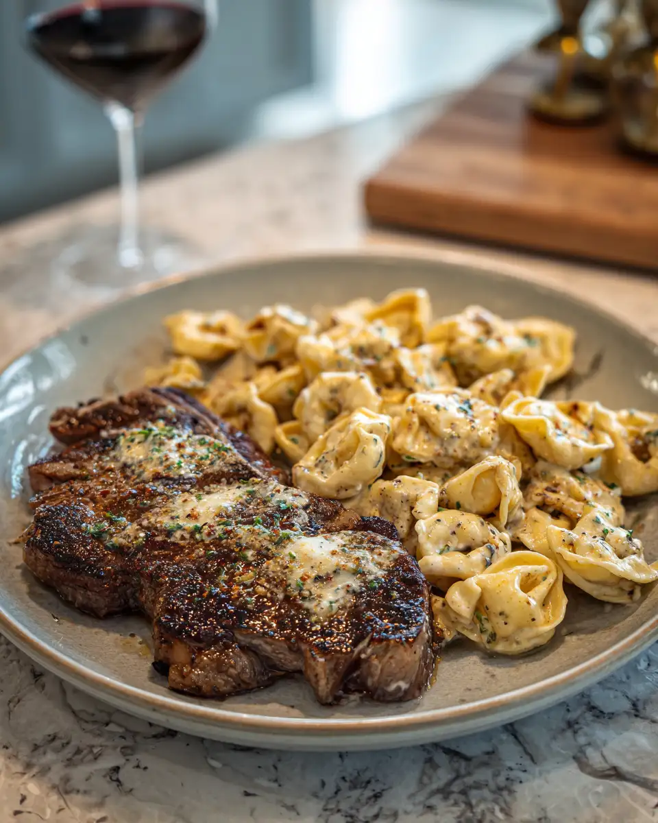 Final dish - Indulge in Garlic Butter Steak and Creamy Alfredo Tortellini Bliss