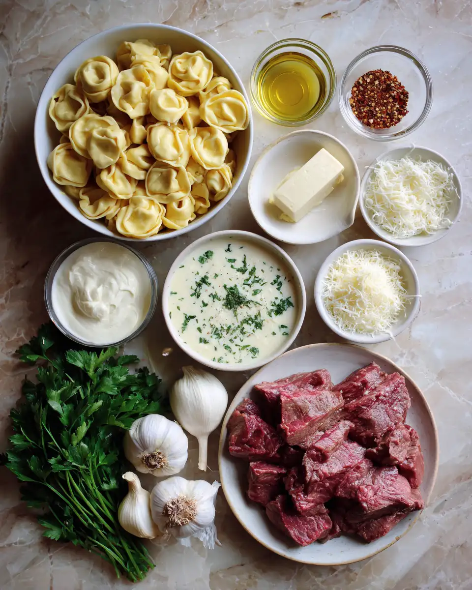 Ingredients for Indulge in Garlic Butter Steak and Creamy Alfredo Tortellini Bliss