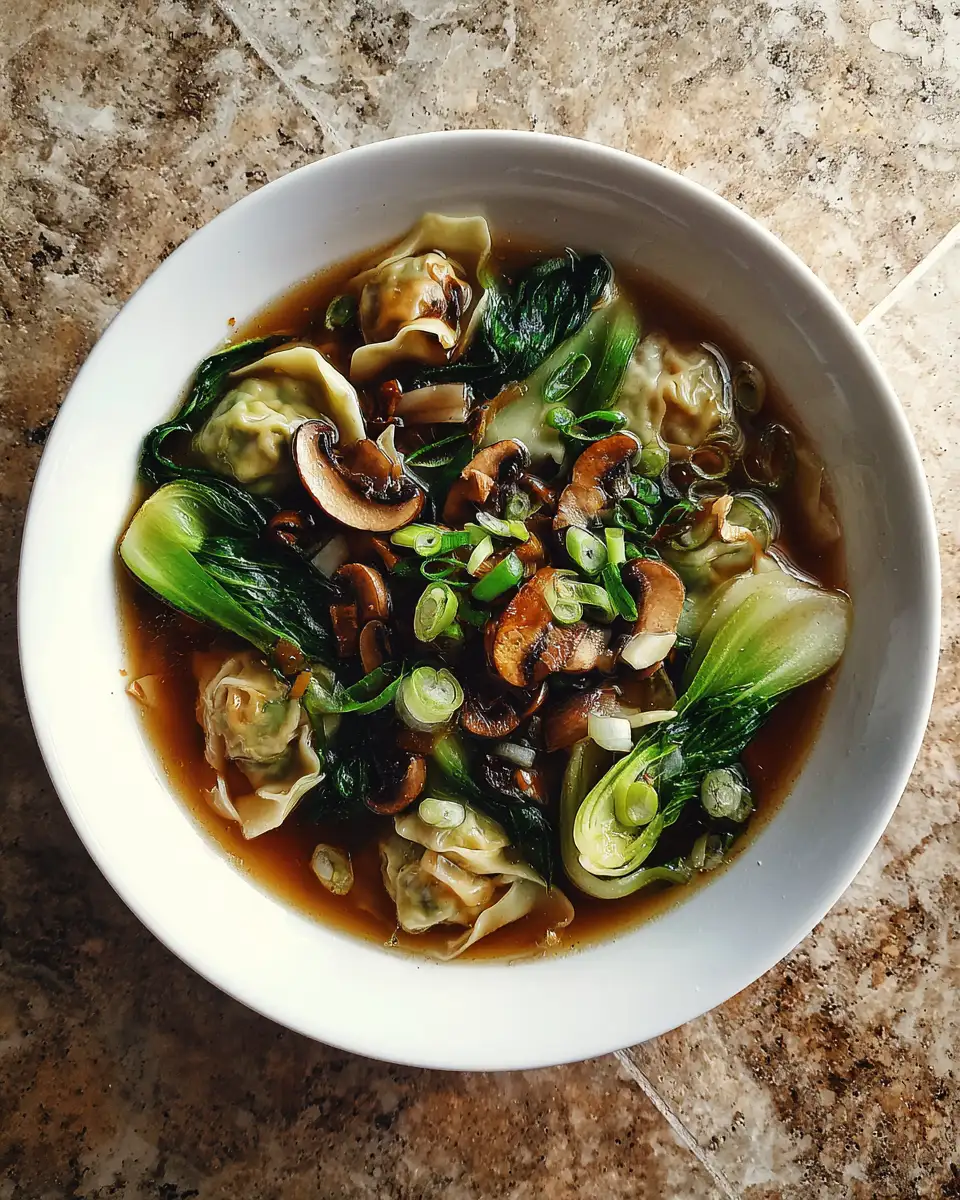 Warm Up Your Soul with Ginger Shiitake Wonton Soup and Fresh Bok Choy 6 Final dish - Warm Up Your Soul with Ginger Shiitake Wonton Soup and Fresh Bok Choy