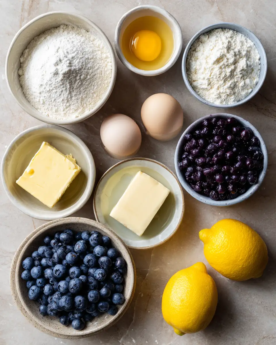Ingredients for Zesty Delight Lemon Blueberry Pound Cake Recipe to Brighten Your Day