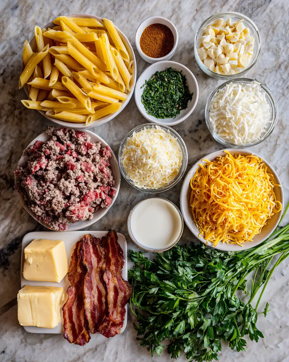 Ingredients for Indulge in the Ultimate Loaded Bacon Cheeseburger Alfredo Pasta Experience