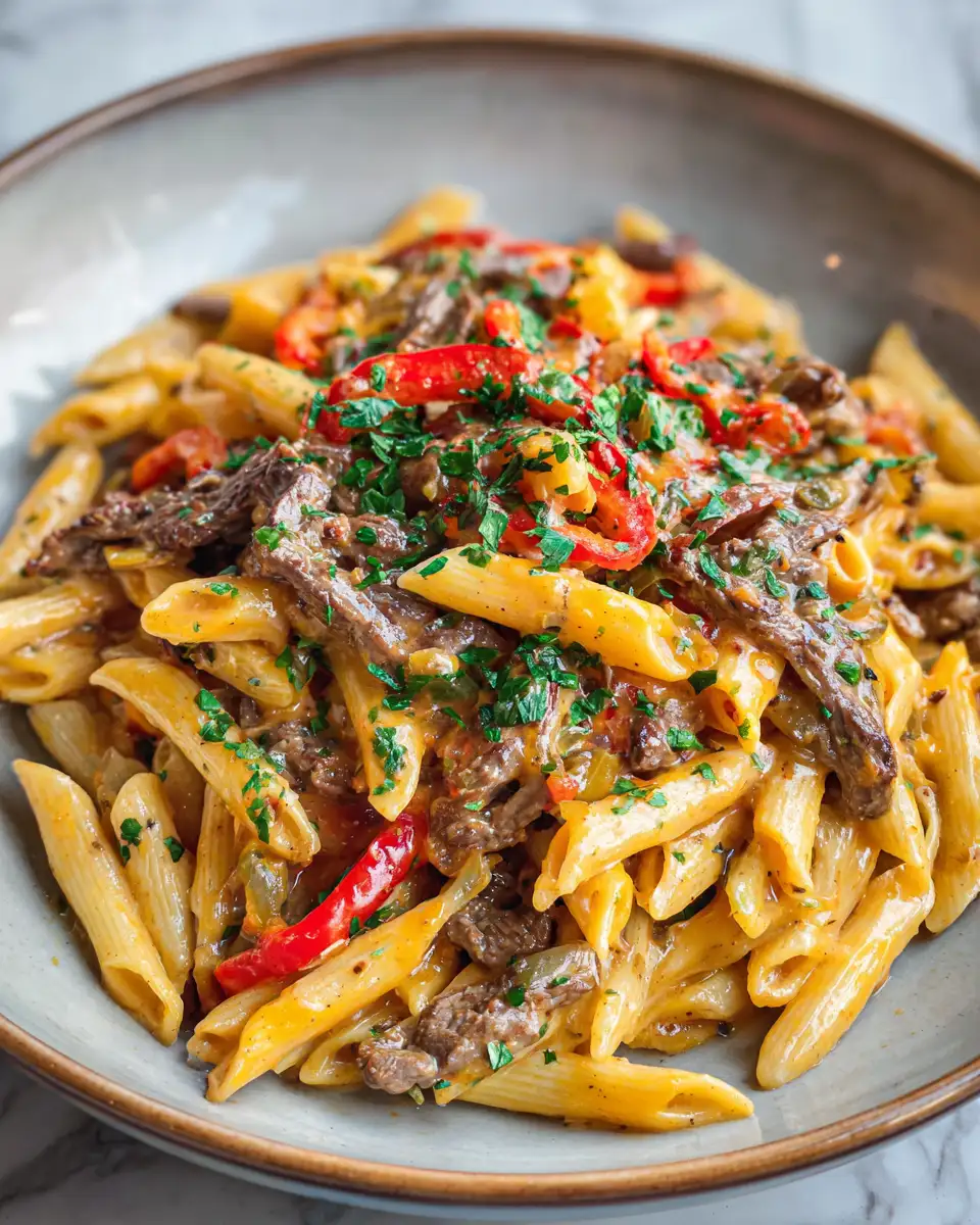 Final dish - Philly Cheesesteak Pasta A Delicious Twist on a Classic Favorite