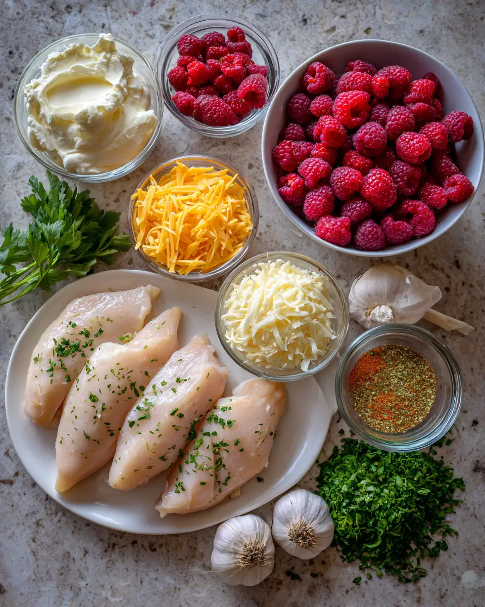 Ingredients for Raspberry Jalapeno Cream Cheese Chicken Bake Sweet Spicy and Cheesy Delight