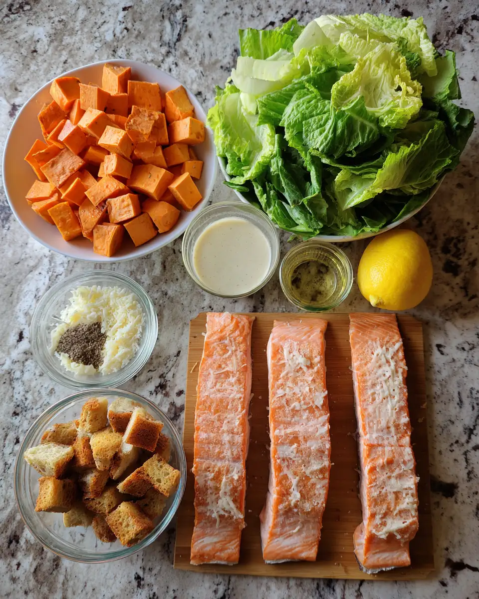 Fresh and Flavorful Salmon and Caesar Salad with a Yummy Sweet Potato Twist 4 Ingredients for Fresh and Flavorful Salmon and Caesar Salad with a Yummy Sweet Potato Twist