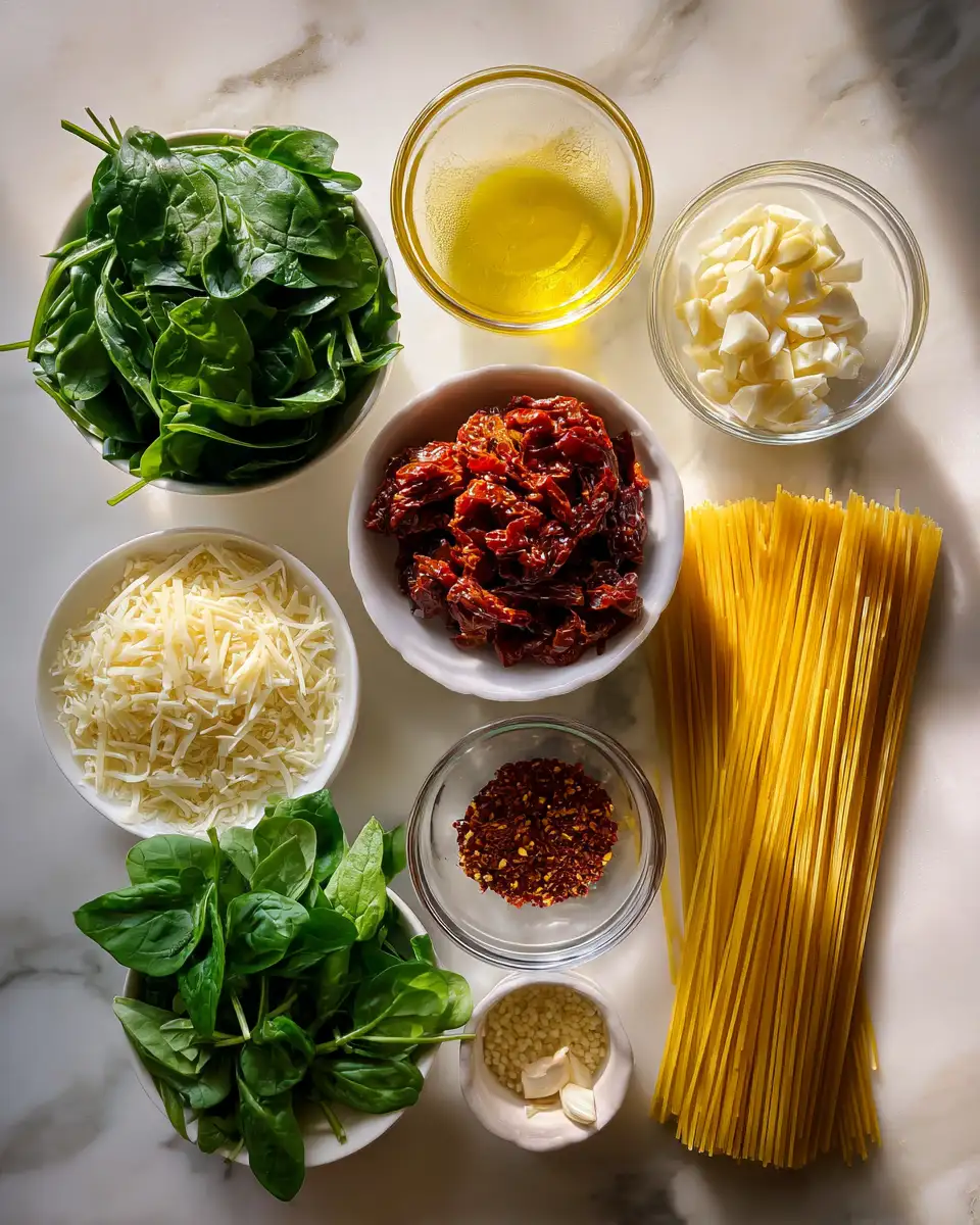 Creamy Spaghetti and Spinach with Sun-Dried Tomato Sauce Delight 4 Ingredients for Creamy Spaghetti and Spinach with Sun-Dried Tomato Sauce Delight