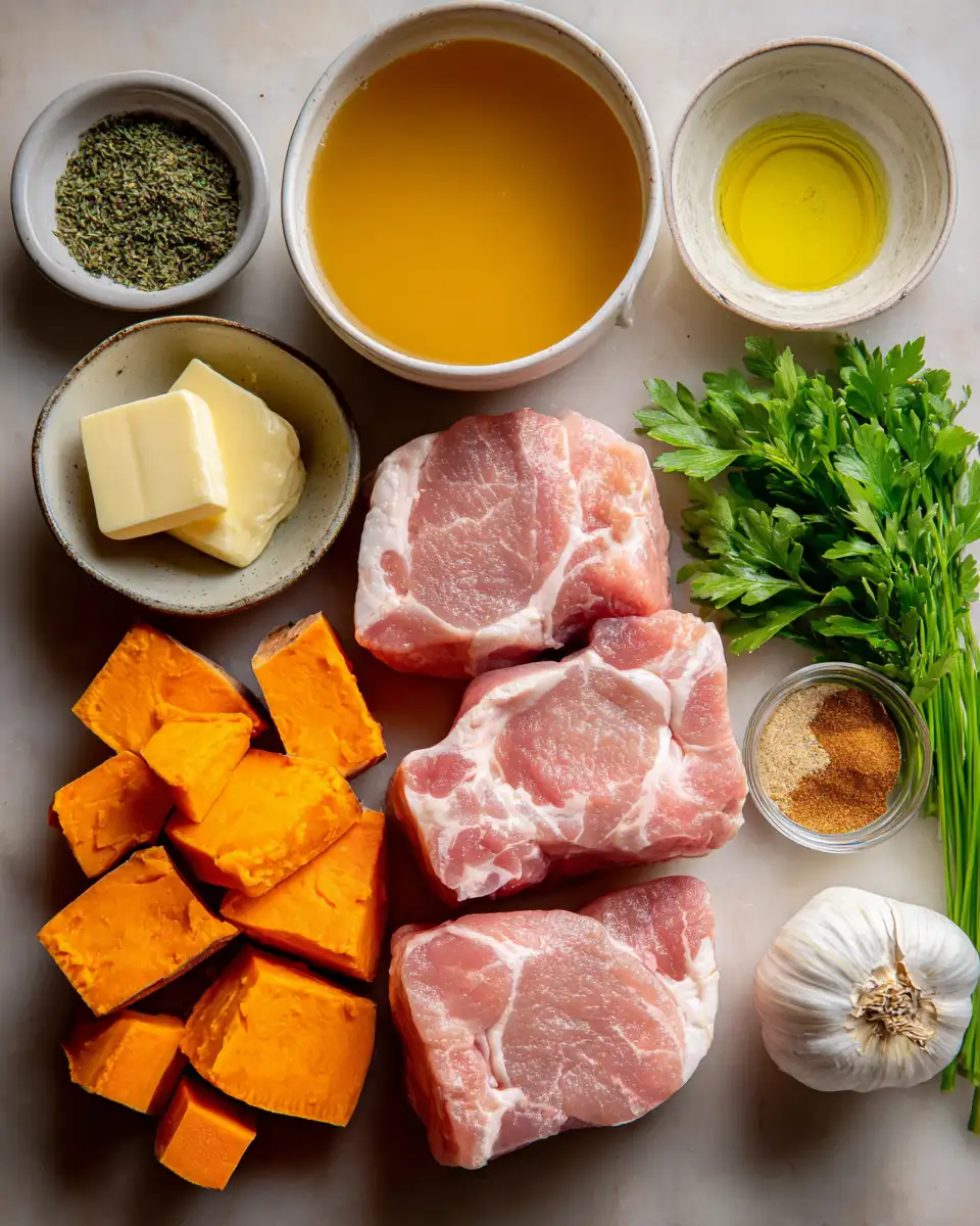 Ingredients for Apple Cider Pork with Mashed Sweet Potatoes A Perfect Comfort Food Duo