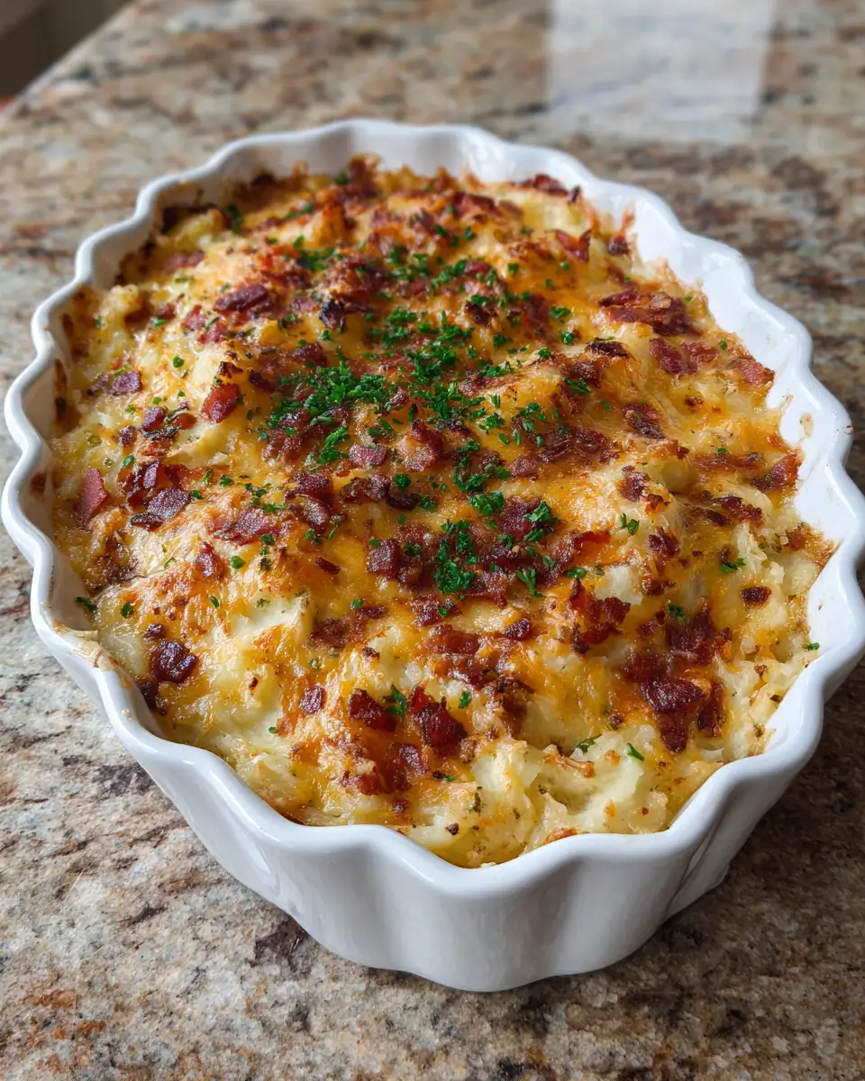 Final dish - Ultimate Comfort Food Bacon Cheddar Mashed Potato Casserole Recipe