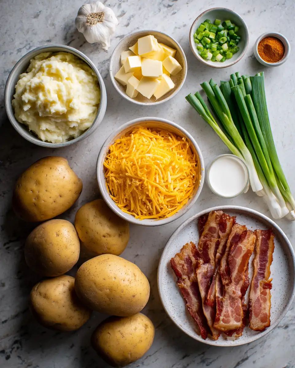 Ingredients for Ultimate Comfort Food Bacon Cheddar Mashed Potato Casserole Recipe