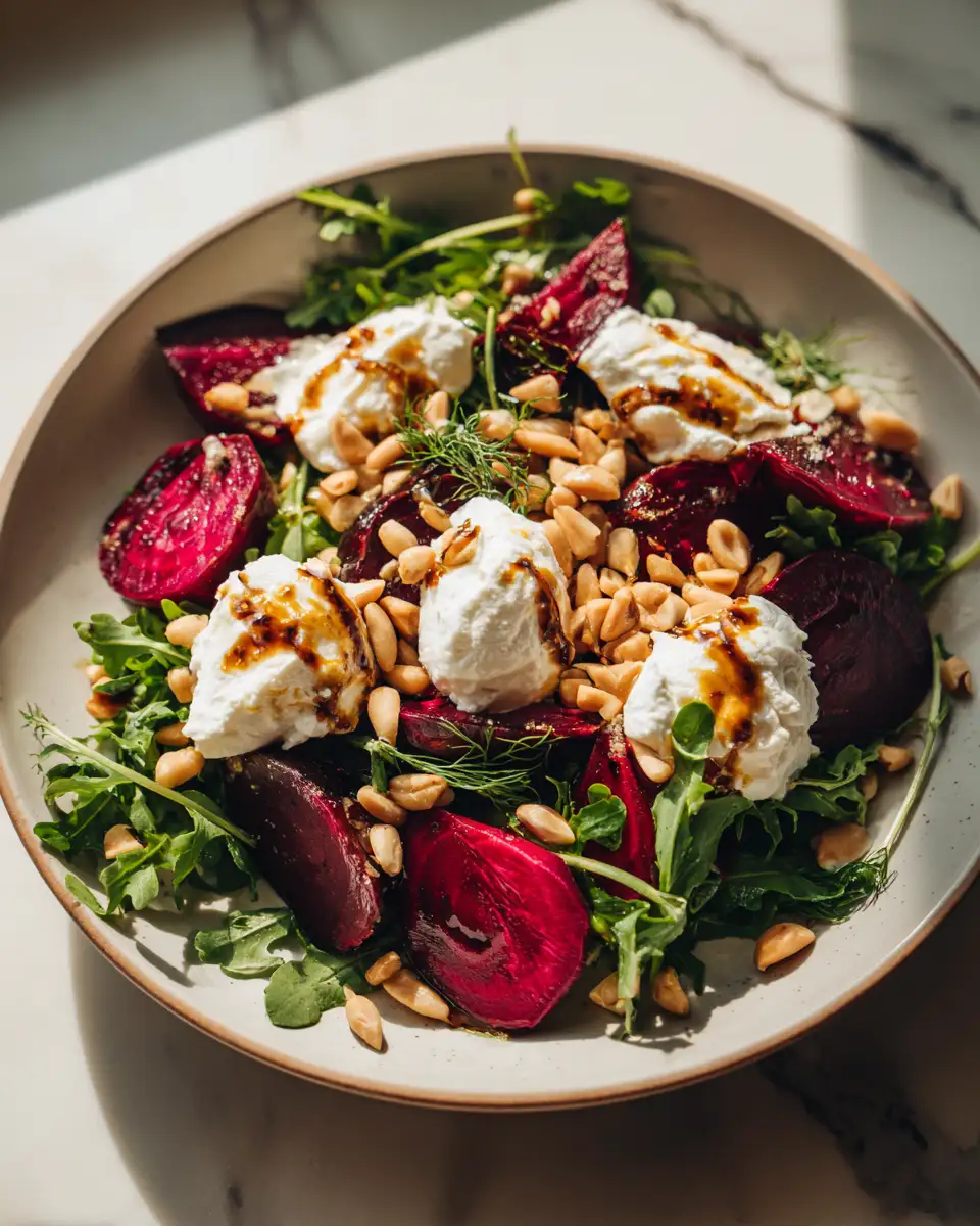 Fresh and Flavorful Beet and Burrata Salad with Pine Nuts and Balsamic Dressing - Featured Image