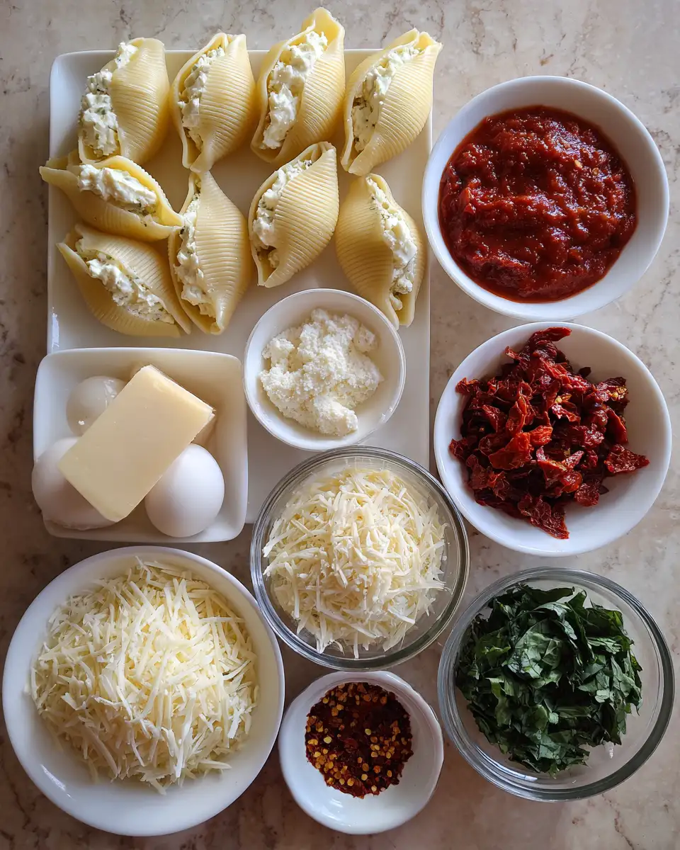 Ingredients for Creamy Sun-Dried Tomato and Ricotta Stuffed Shells Recipe to Savor