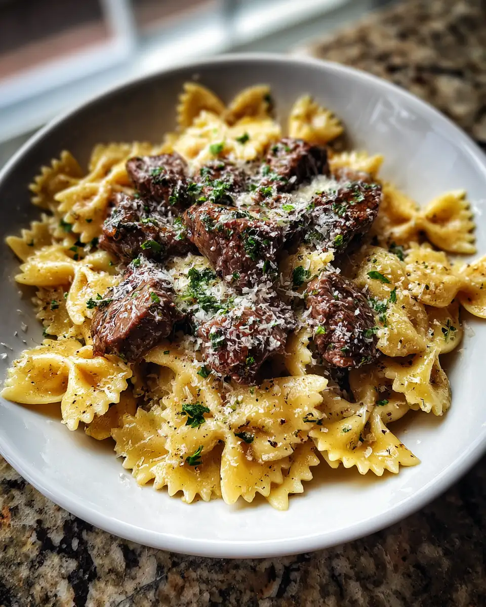 Final dish - Garlic Butter Bowtie Pasta with Beef Perfection A Flavorful Delight
