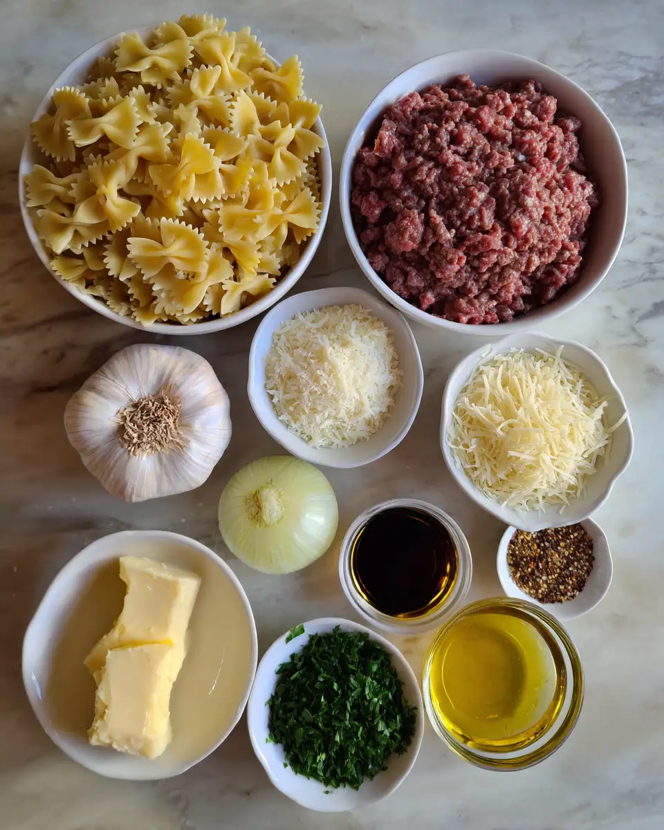 Ingredients for Garlic Butter Bowtie Pasta with Beef Perfection A Flavorful Delight