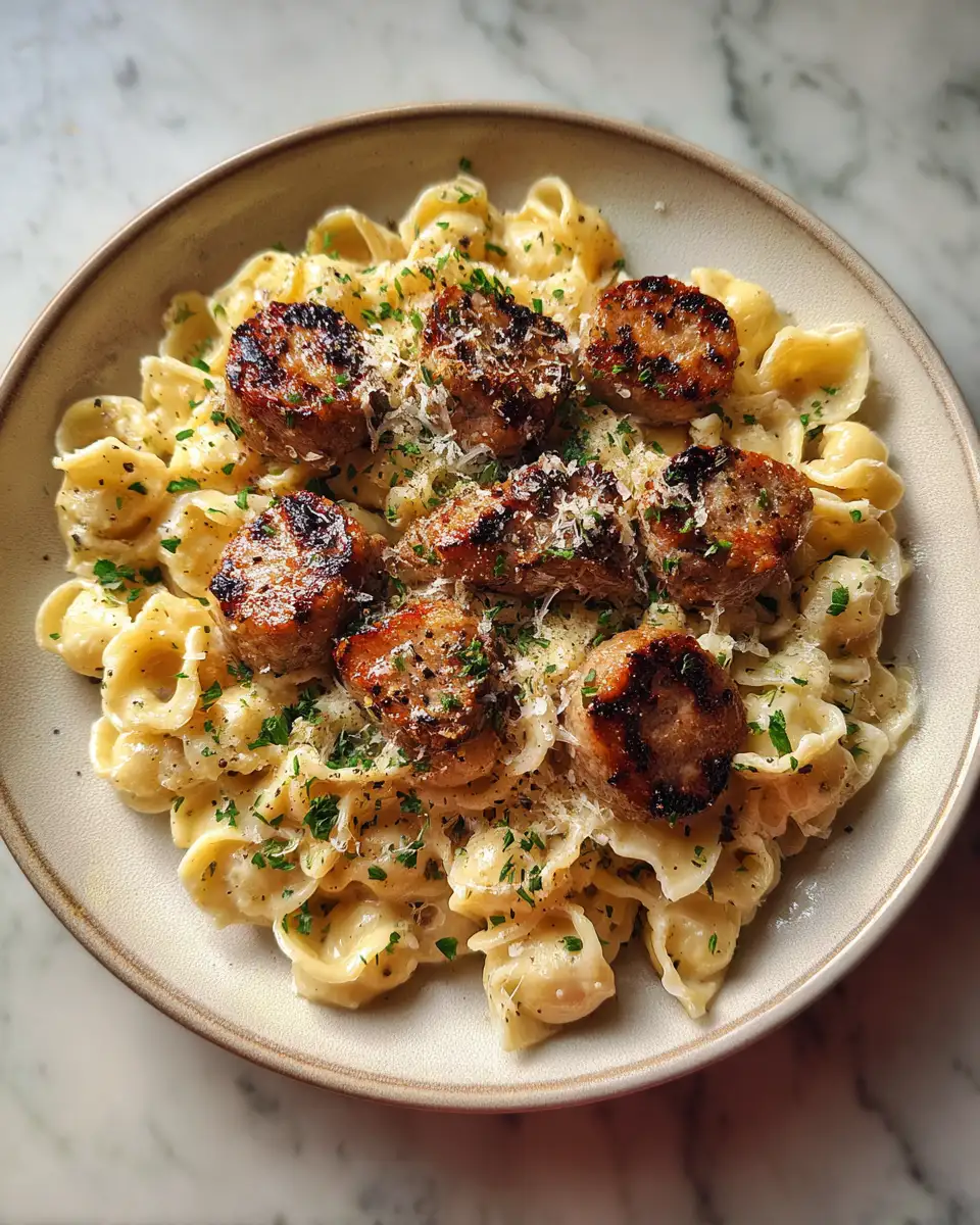 Final dish - Garlic Butter Sausage Bites with Creamy Parmesan Pasta Recipe You Need to Try