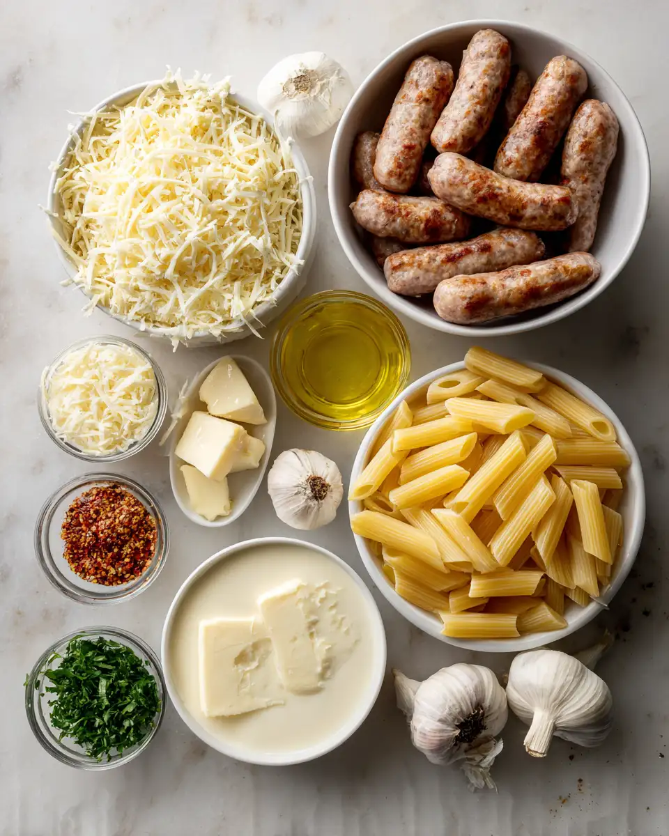 Ingredients for Garlic Butter Sausage Bites with Creamy Parmesan Pasta Recipe You Need to Try