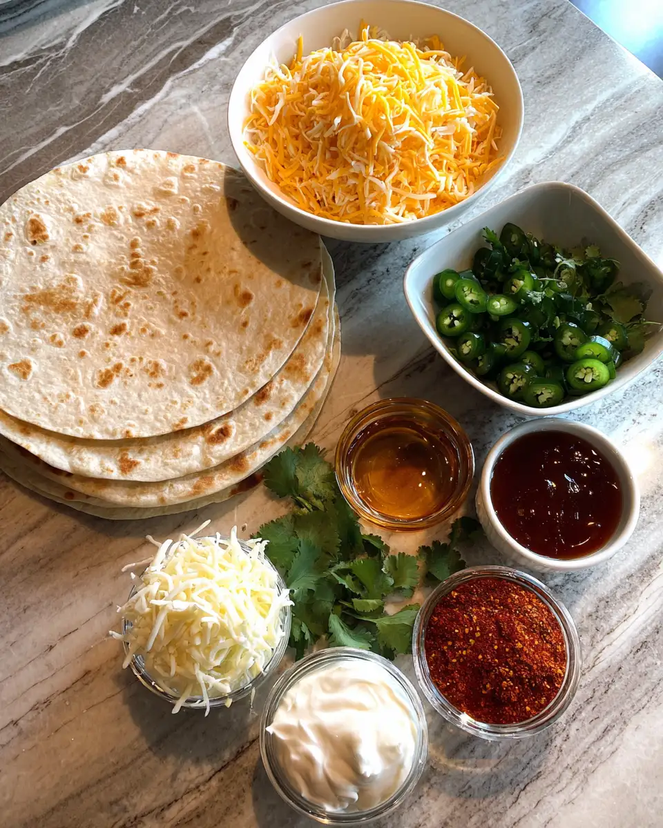 Spicy Cheesy Quesadillas Drizzled with Sweet and Fiery Hot Honey 4 Ingredients for Spicy Cheesy Quesadillas Drizzled with Sweet and Fiery Hot Honey