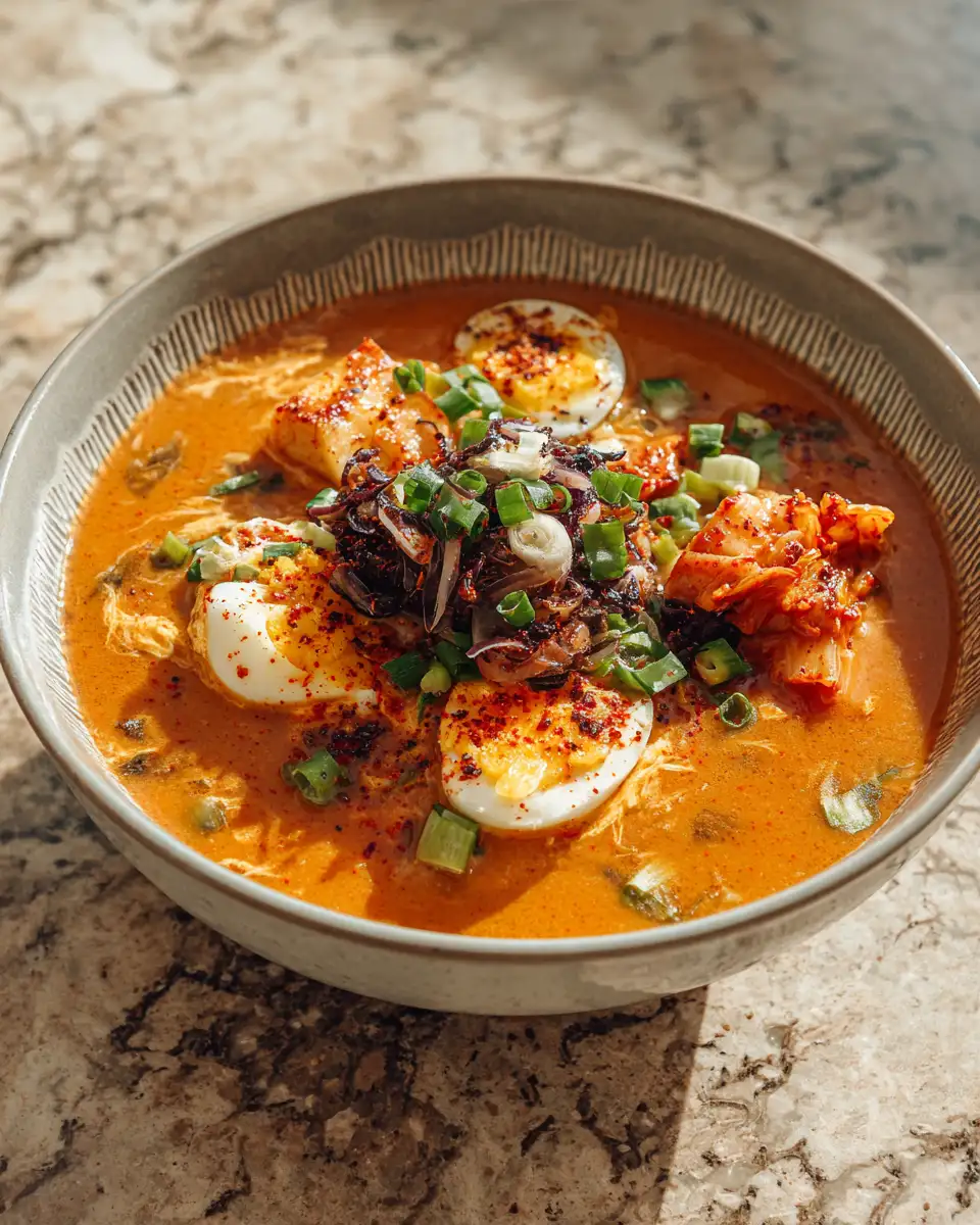 Spicy Miso Egg Drop Soup with Kimchi and Garlic That Will Warm Your Soul - Featured Image