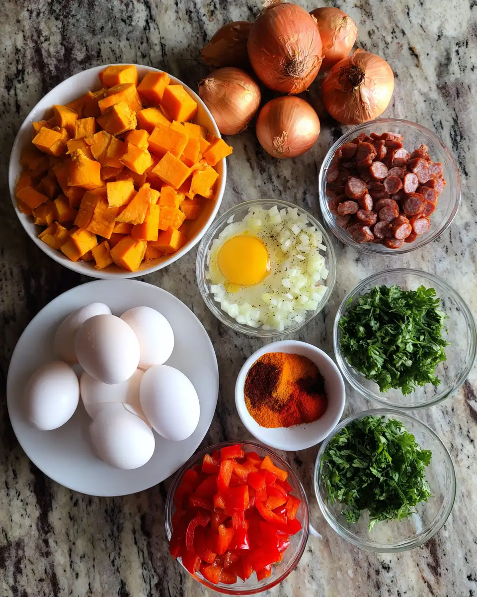 Ingredients for Hearty Sweet Potato Breakfast Hash with Eggs to Start Your Day Right