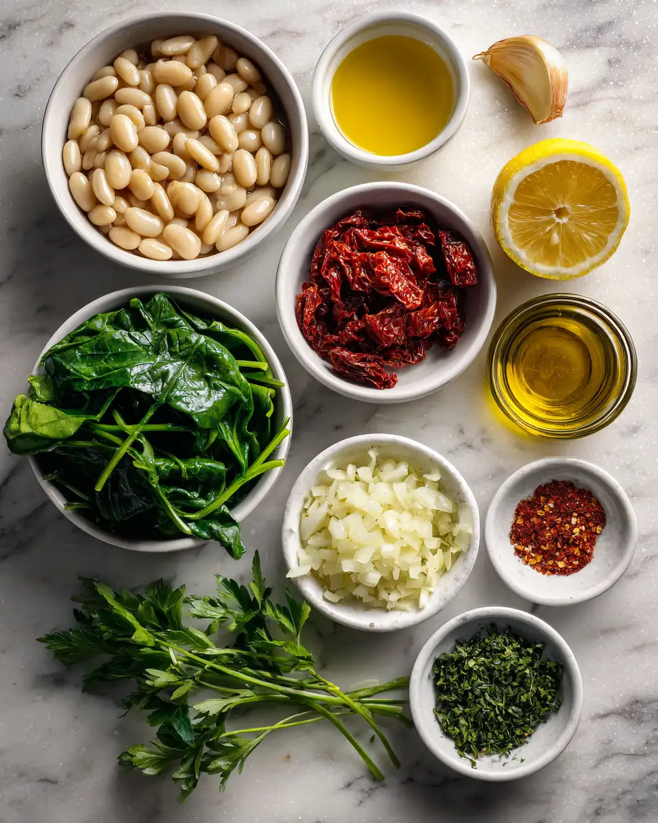 Ingredients for Hearty Tuscan Butter Beans with Spinach and Sun-Dried Tomato Delight