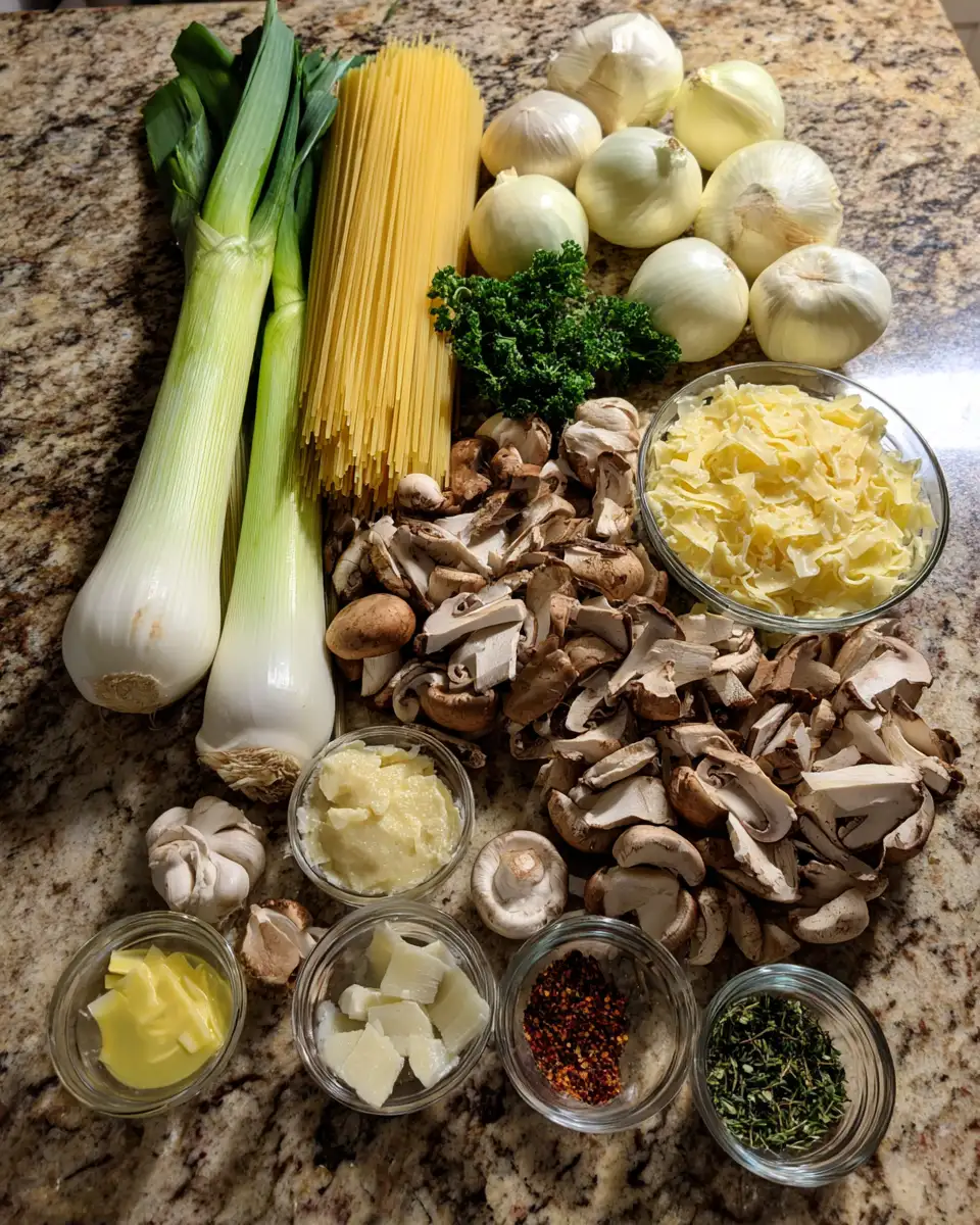 Ingredients for Irresistible Caramelized Leek and Mushroom Gruyere Pasta Recipe