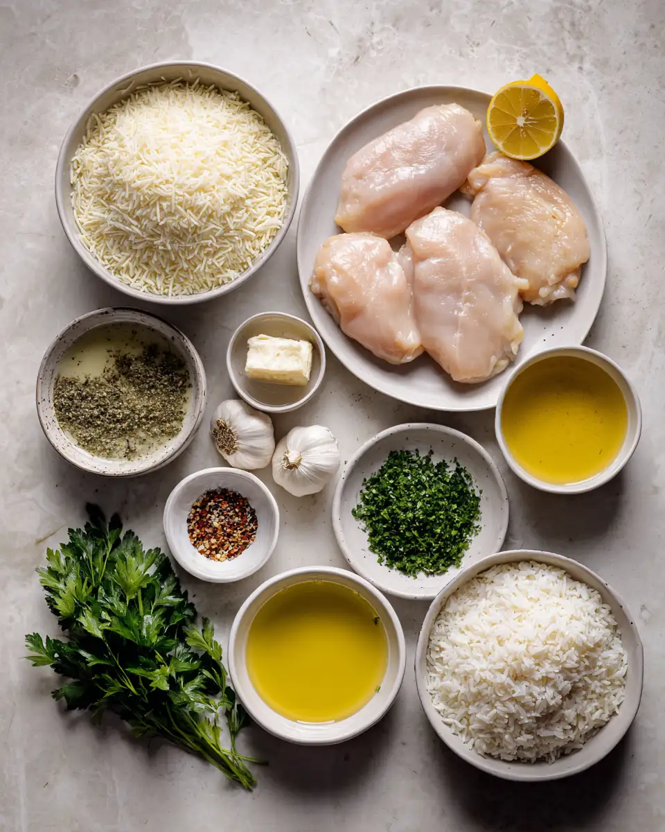 Irresistible Chicken Scampi with Creamy Garlic Parmesan Rice Recipe 4 Ingredients for Irresistible Chicken Scampi with Creamy Garlic Parmesan Rice Recipe