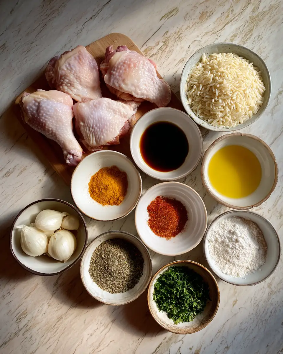 Ingredients for Creamy Cajun Chicken Thighs Pasta with Orzo for Cozy Evenings