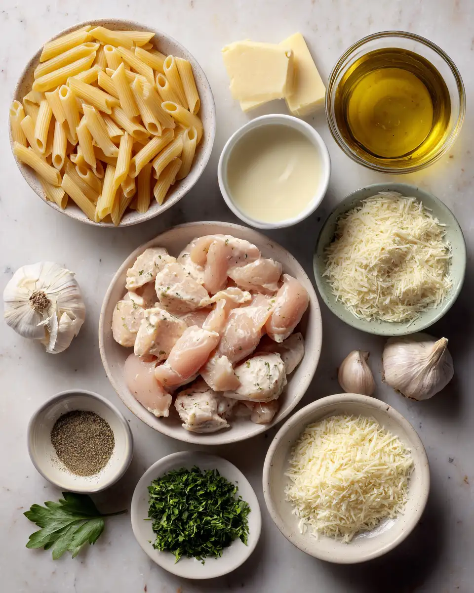Ingredients for Irresistible Creamy Garlic Chicken Penne with Parmesan Cream Sauce Recipe