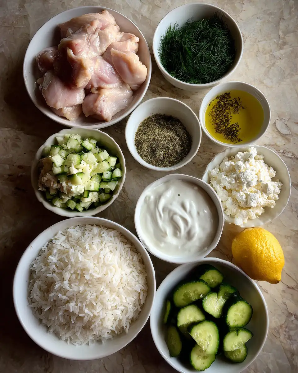 Ingredients for Easy Dump-and-Bake Chicken Tzatziki Rice for a Flavorful Weeknight Dinner