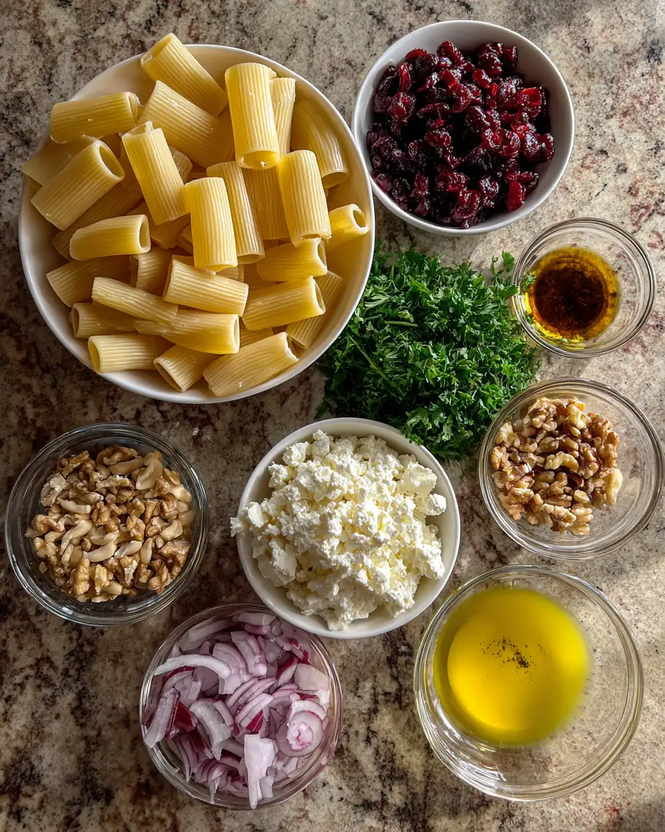 Ingredients for Brighten Your Lunch with Feta and Cranberry Rigatoni Salad Tossed in Zesty Lemon Vinaigrette
