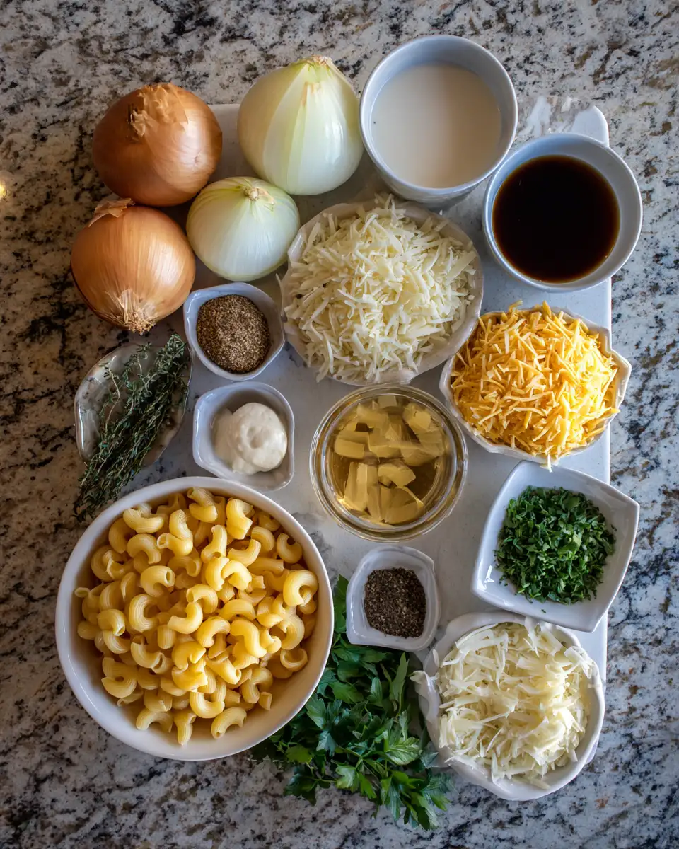Ingredients for Ultimate Comfort Food Fusion French Onion Soup Mac & Cheese Recipe