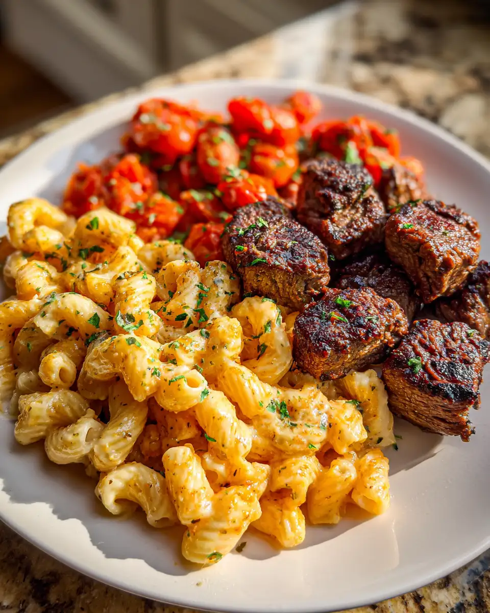 HomePgae 8 Garlic Butter Steak Bites Paired with Cheesy Mozzarella Rigatoni for the Ultimate Comfort Meal