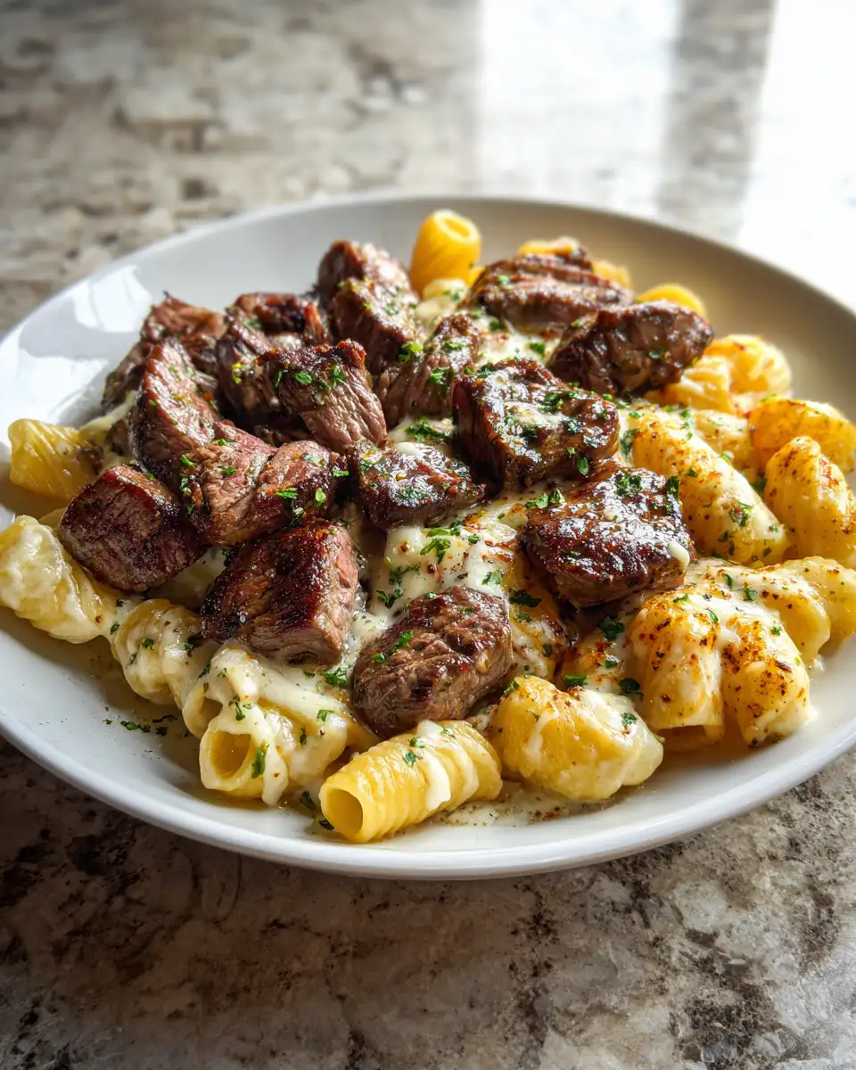 Garlic Butter Steak Bites Paired with Cheesy Mozzarella Rigatoni for the Ultimate Comfort Meal 6 Final dish - Garlic Butter Steak Bites Paired with Cheesy Mozzarella Rigatoni for the Ultimate Comfort Meal