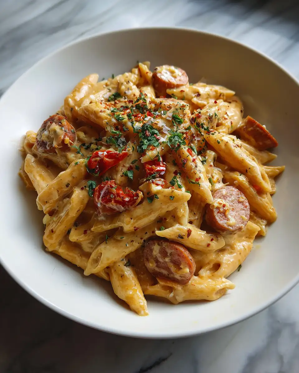 Final dish - Creamy Pepper Jack Cajun Sausage Pasta Dish Hits Different